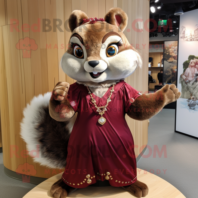 Maroon Flying Squirrel mascot costume character dressed with a Skirt and Necklaces