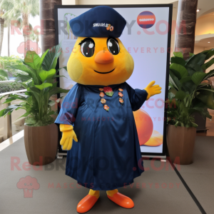 Navy Mango mascot costume character dressed with a Wrap Skirt and Earrings