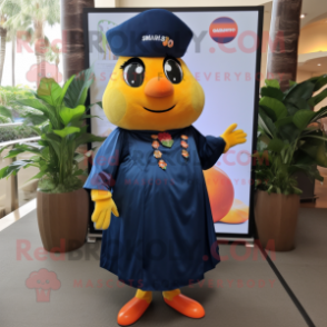 Navy Mango mascot costume character dressed with a Wrap Skirt and Earrings