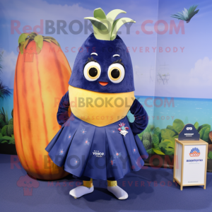 Navy Mango mascot costume character dressed with a Wrap Skirt and Earrings