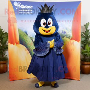 Navy Mango mascot costume character dressed with a Wrap Skirt and Earrings