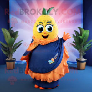 Navy Mango mascot costume character dressed with a Wrap Skirt and Earrings