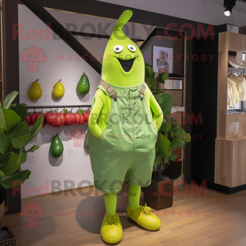 Lime Green Pear mascot costume character dressed with a Dungarees and Necklaces