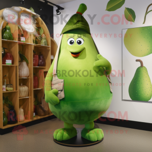 Lime Green Pear mascot costume character dressed with a Dungarees and Necklaces