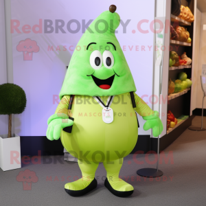 Lime Green Pear mascot costume character dressed with a Dungarees and Necklaces