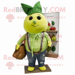 Lime Green Pear mascot costume character dressed with a Dungarees and Necklaces