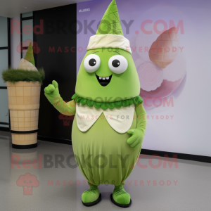 Olive Ice Cream Cone mascot costume character dressed with a Wrap Dress and Lapel pins