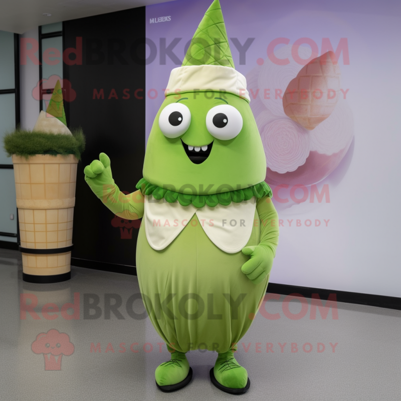 Olive Ice Cream Cone mascot costume character dressed with a Wrap Dress and Lapel pins