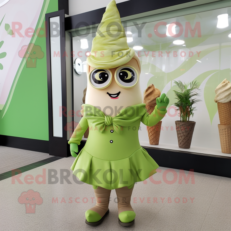 Olive Ice Cream Cone mascot costume character dressed with a Wrap Dress and Lapel pins