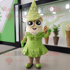 Olive Ice Cream Cone mascot costume character dressed with a Wrap Dress and Lapel pins