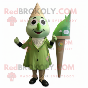 Olive Ice Cream Cone mascot costume character dressed with a Wrap Dress and Lapel pins