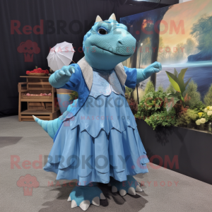 Sky Blue Ankylosaurus mascot costume character dressed with a Pleated Skirt and Shawl pins