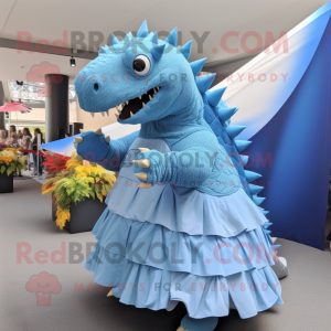 Sky Blue Ankylosaurus mascot costume character dressed with a Pleated Skirt and Shawl pins