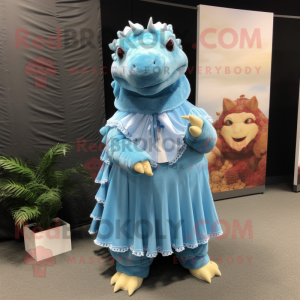 Sky Blue Ankylosaurus mascot costume character dressed with a Pleated Skirt and Shawl pins