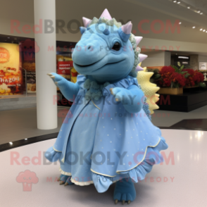 Sky Blue Ankylosaurus mascot costume character dressed with a Pleated Skirt and Shawl pins