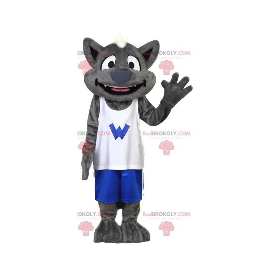 Graues Wolfsmaskottchen in Sportbekleidung. Wolfskostüm -