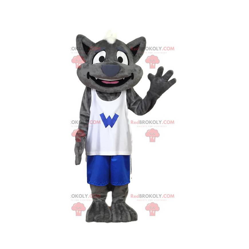 Gray wolf mascot in sportswear. Wolf costume - Redbrokoly.com