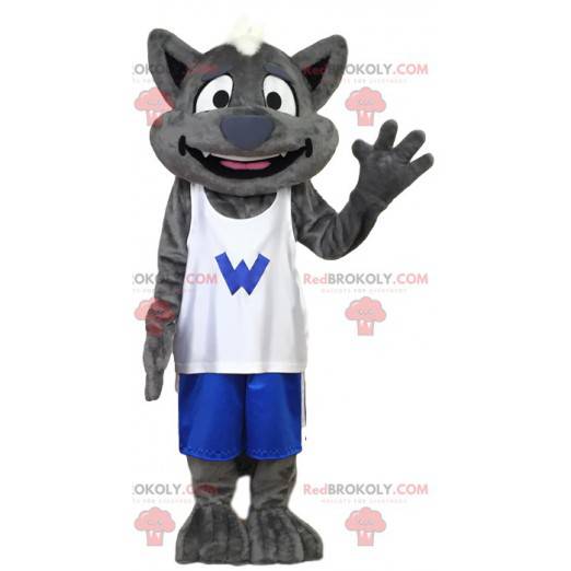 Graues Wolfsmaskottchen in Sportbekleidung. Wolfskostüm -