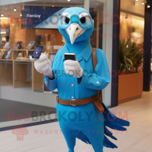 Blue Albatross mascot costume character dressed with a Pencil Skirt and Smartwatches
