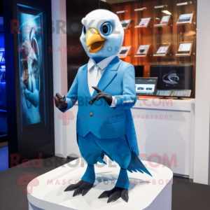 Blue Albatross mascot costume character dressed with a Pencil Skirt and Smartwatches