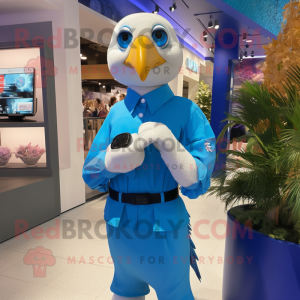 Blue Albatross mascot costume character dressed with a Pencil Skirt and Smartwatches