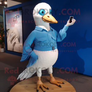 Blue Albatross mascot costume character dressed with a Pencil Skirt and Smartwatches