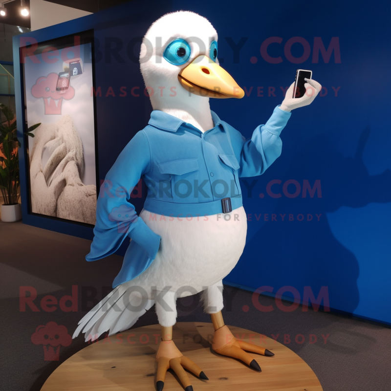 Blue Albatross mascot costume character dressed with a Pencil Skirt and Smartwatches Blue Albatross mascot costume character dressed with a Pencil Skirt and Smartwatches
