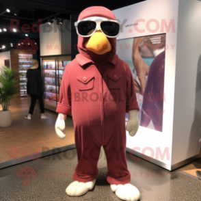 Maroon Albatross mascot costume character dressed with a Jumpsuit and Eyeglasses