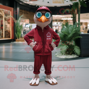 Maroon Albatross mascot costume character dressed with a Jumpsuit and Eyeglasses