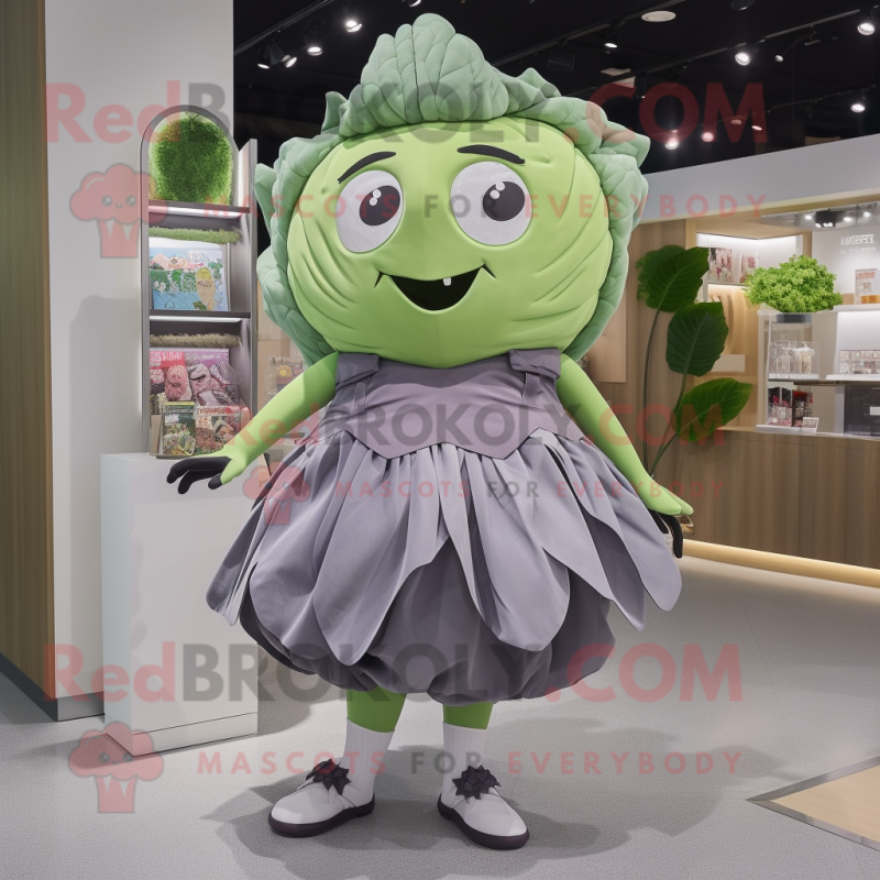 Gray Cabbage Leaf mascot costume character dressed with a A-Line Skirt and Handbags Gray Cabbage Leaf mascot costume character dressed with a A-Line Skirt and Handbags