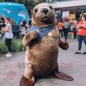 Brown Sea Lion mascot costume character dressed with a Mom Jeans and Bracelets