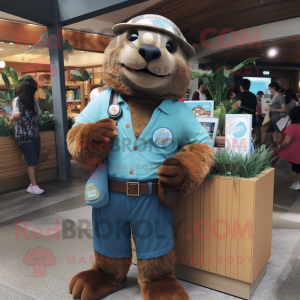 Brown Sea Lion mascot costume character dressed with a Mom Jeans and Bracelets