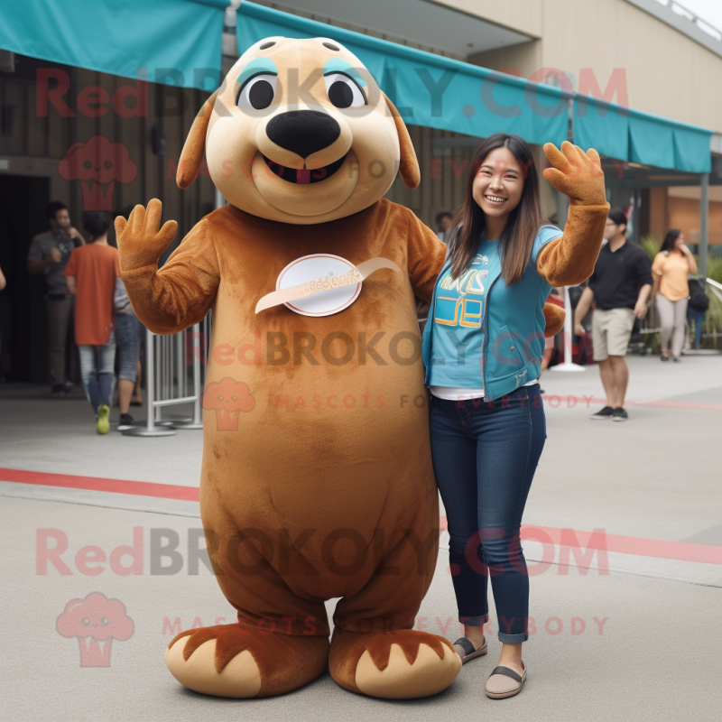 Brown Sea Lion mascot costume character dressed with a Mom Jeans and Bracelets