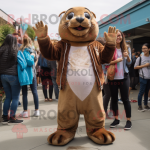 Brown Sea Lion mascot costume character dressed with a Mom Jeans and Bracelets