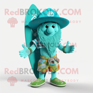 Turquoise Leprechaun Hat mascot costume character dressed with a Board Shorts and Bracelets