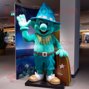Turquoise Leprechaun Hat mascot costume character dressed with a Board Shorts and Bracelets