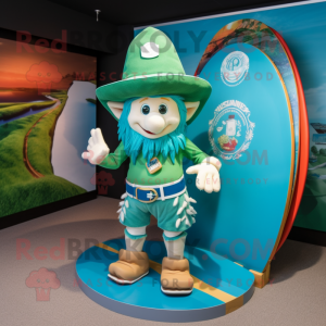 Turquoise Leprechaun Hat mascot costume character dressed with a Board Shorts and Bracelets
