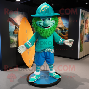 Turquoise Leprechaun Hat mascot costume character dressed with a Board Shorts and Bracelets