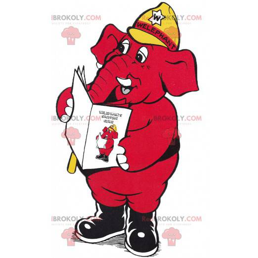 Röd elefantmaskot med en gul hjälm. - Redbrokoly.com