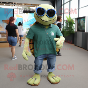 Olive Sea Turtle mascot costume character dressed with a Skinny Jeans and Sunglasses