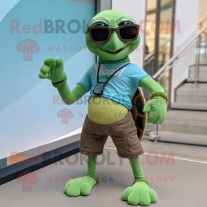Olive Sea Turtle mascot costume character dressed with a Skinny Jeans and Sunglasses