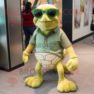 Olive Sea Turtle mascot costume character dressed with a Skinny Jeans and Sunglasses