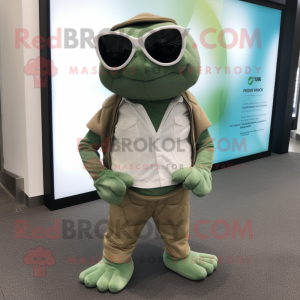 Olive Sea Turtle mascot costume character dressed with a Skinny Jeans and Sunglasses