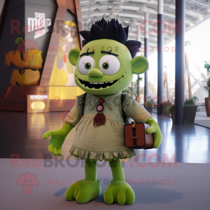 Olive Frankenstein mascot costume character dressed with a Mini Skirt and Messenger bags