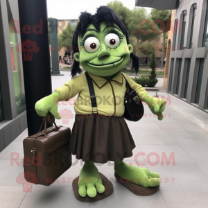 Olive Frankenstein mascot costume character dressed with a Mini Skirt and Messenger bags