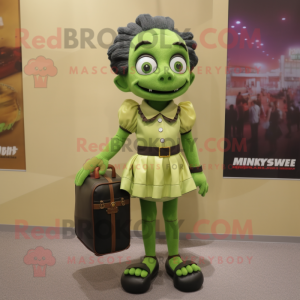 Olive Frankenstein mascot costume character dressed with a Mini Skirt and Messenger bags