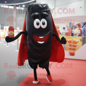 Black Bottle Of Ketchup mascot costume character dressed with a Running Shorts and Backpacks