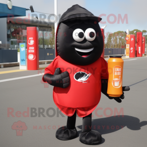 Black Bottle Of Ketchup mascot costume character dressed with a Running Shorts and Backpacks