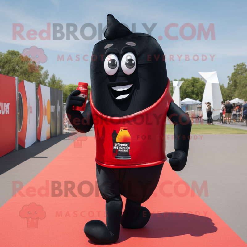 Black Bottle Of Ketchup mascot costume character dressed with a Running Shorts and Backpacks