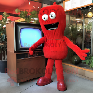 Red Television mascot costume character dressed with a Bodysuit and Shoe laces